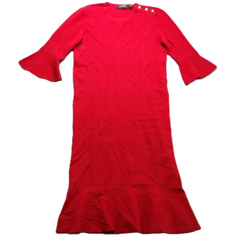 Lauren Ralph Lauren Dress Women S Red Knit Bell Sleeve Gold Button Ruffle Hem